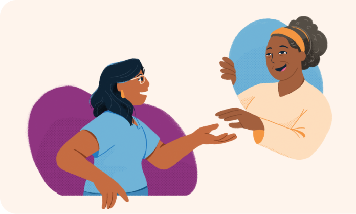 Cartoon graphic of two women talking and smiling at each other